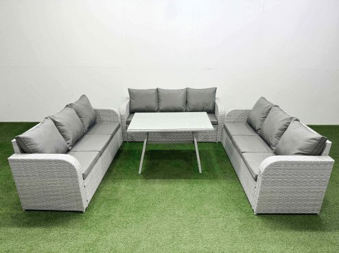Fimous 9 Seat Outdoor PE Rattan Garden Furniture with Cushions 3 Seater Sofa Light Grey