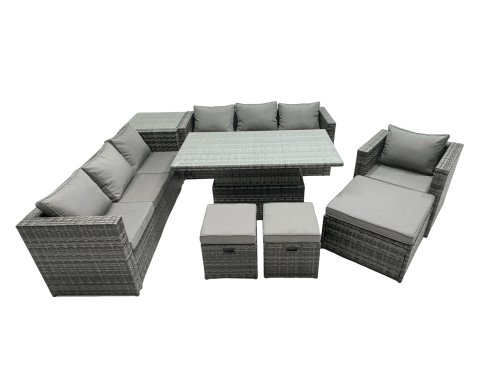 Fimous PE Rattan Garden Furniture Set Lounge Sofa Rising Dining Table Set with Side Table 3 Footstool Dark Grey Mixed