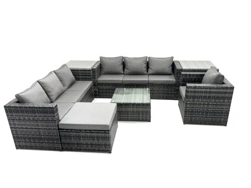 Fimous Rattan Garden Furniture Dining Set 8-seater Patio Coffee Table Sofa Set with 2 Side Tables Big Stool Dark Grey Mixed