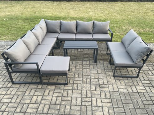 Fimous Aluminium 10 Seater Patio Outdoor Garden Furniture Lounge Corner Sofa Set with Oblong Coffee Table with Big Footstool Dark Grey