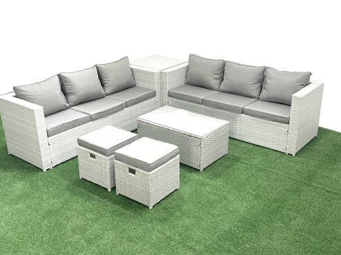 Fimous Garden Outdoor PE Rattan Furniture Set 8 Seater Rattan Garden Sofa Set with 2 Small Footstool Side Table Light Grey Mixed