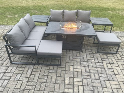 Fimous Aluminium Outdoor Lounge Sofa Garden Furniture Sets Gas Fire Pit Dining Table Set with 2 Big Footstools 2 Side Tables Dark Grey