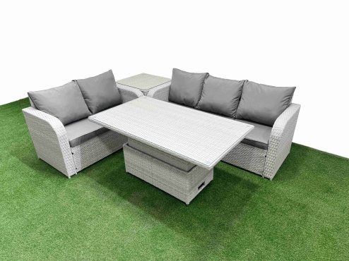 Fimous 5 Seater PE Rattan Wicker Garden Furniture Patio Conservatory Sofa Set with Adjustable Lifting Dining or Coffee Table 3 Seater Sofa Love Sofa Side Table