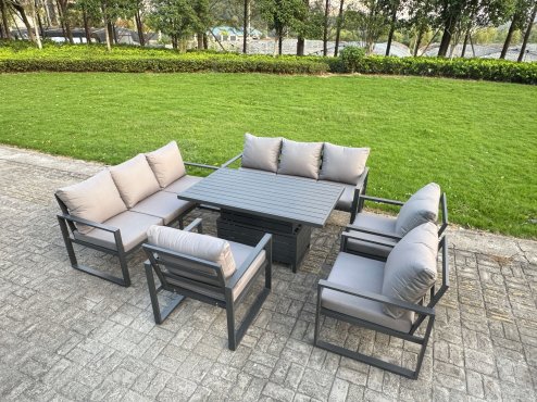 Fimous 10 Piece Garden Furniture Set 11-Seater Aluminium Outdoor Dining Set with Adjustable Rising Lifting Dining Table & Cushions 2 Side Tables 3 Footstools Dark Grey