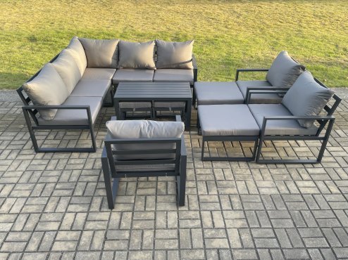 Fimous 12 Seater Aluminium Outdoor Garden Furniture Set Patio Lounge Sofa with Oblong Coffee Table Chair 2 Small Footstools Big Footstool Dark Grey