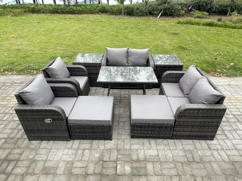 Fimous 8 Seater Wicker PE Rattan Garden Dining Set Outdoor Furniture Sofa with Rectangular Dining Table 2 Side Tables 2 Big Footstool Dark Grey Mixed