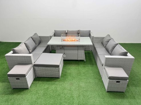 Fimous PE Rattan Lounge Sofa Set Outdoor Garden Furniture Set with Firepit Dining Table 3 Seater Sofa 3 Stools Light Grey