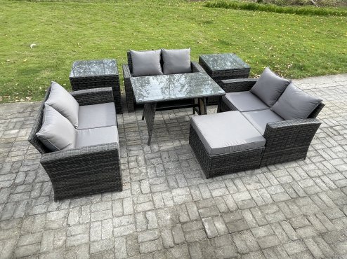 Fimous 7 PCS Outdoor Lounge Sofa Set Wicker PE Rattan Garden Furniture Set with Rectangular Dining Table Love Seat Sofa 2 Side Tables Big Footstool Dark Grey Mixed