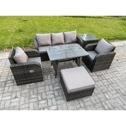 Fimous Rattan Wicker Garden Furniture Patio Conservatory Sofa Set with Rectangular Dining Table Reclining Chair 3 Seater Sofa Big Footstool Side Table