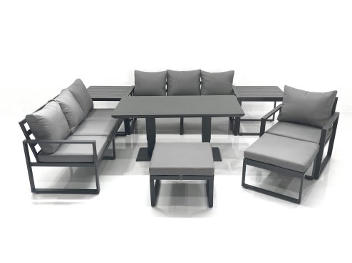 Fimous Outdoor Garden Furniture Set Aluminium Lounge Sofa Adjustable Rising Lifting Dining Table Sets with 2 Big Footstools 2 Side Tables Dark Grey
