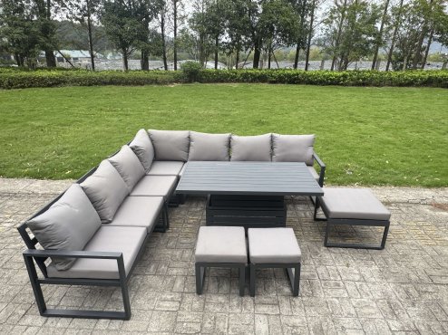 Fimous 12 Seater Aluminium Sofa Set 11 Pieces Outdoor Garden Furniture - Rising Dining Table with Cushions 2 Big Footstools 3 Chairs Footstool Dark Grey