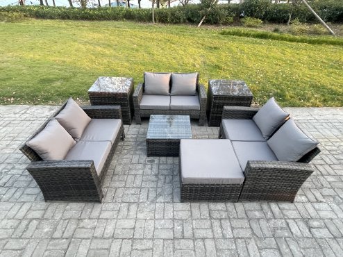 Fimous 7 PCS Outdoor Lounge Sofa Set Wicker PE Rattan Garden Furniture Set with Square Coffee Table Double Seat Sofa 2 Side Tables Big Footstool Dark Grey Mixed