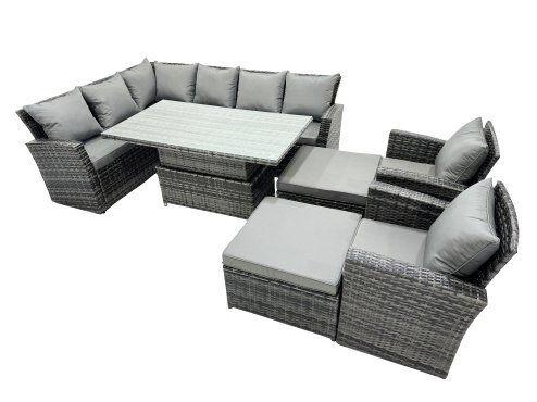 Fimous Poly Rattan Outdoor Patio Height Adjustable Rising Lifting Table Corner Sofa Set with 2 Big Stool,2 Chairs for Garden Backyard Dark Grey Mixed