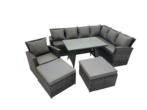 Fimous 9 Seater Garden Outdoor Rattan Furniture Set Rattan Corner Sofa Oblong Dining Table with Armchair 2 Big Footstools Dark Grey
