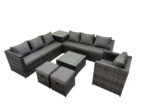 Fimous 9 Seater Garden Outdoor Rattan Furniture Set Patio Corner Sofa Coffee Table with Side Table 2 Small Stool Dark Grey