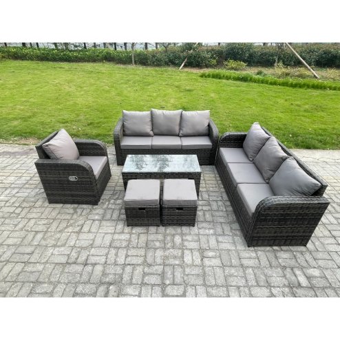 Fimous Patio Garden Furniture Sets Wicker 9 Seater Outdoor Rattan Furniture Sofa Sets with Rectangular Coffee Table Reclining Chair 2 Small Footstools