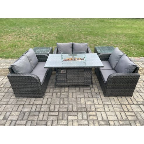Fimous Rattan Outdoor Garden Furniture Sofa Set Gas Fire Pit Dining Table Gas Heater with 2 Side Tables Love Sofa Dark Grey Mixed