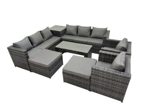 Fimous Garden Rattan Outdoor Furniture Set 10 Seater Patio Corner Sofa Oblong Coffee Table with Chair 2 Big Stool Side Table Dark Grey