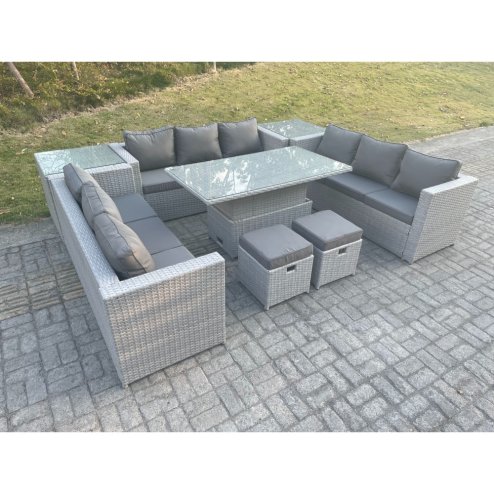 Fimous U Shape Lounge Rattan Garden Furniture Set Adjustable Rising Lifting Table Dining Set With 2 PC Side Coffee Tea Table Stool