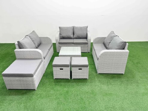 Fimous 9 Seater PE Wicker Rattan Furniture Sofa Sets with Square Coffee Table 2 Seater Love Sofa 3 Stool Light Grey