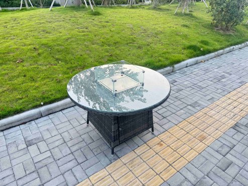 Fimous 5-Piece PE Rattan Garden Furniture with Big Round Gas Firepit Table and 6 Chairs for Patio Dark Grey Mixed