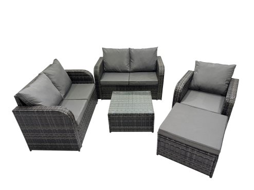 Fimous Rattan Garden Outdoor Furniture Set Love Sofa Square Coffee Table Set with Big Stool Dark Grey Mixed