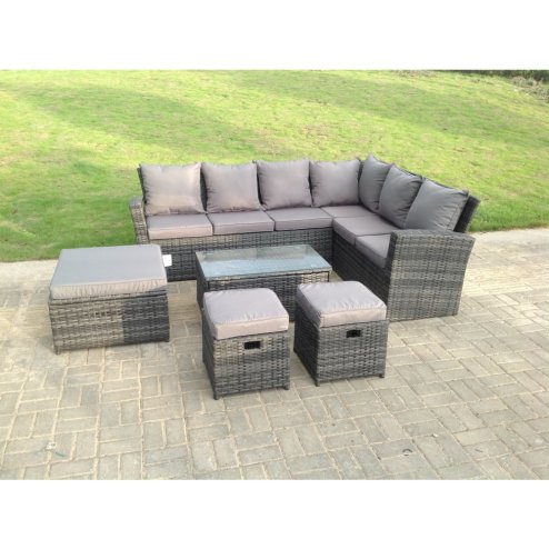 Fimous 9 Seater High Back Rattan Garden Furniture Set Corner Sofa With Oblong Coffee Table And 3 Footstool