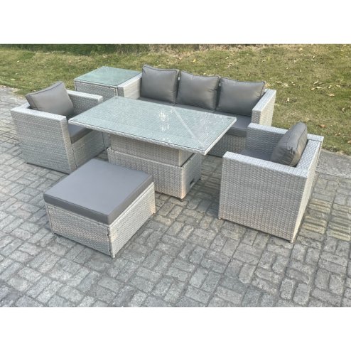 Fimous Rattan Garden Funiture Set Adjustable Rising Lifting Table Sofa Dining Set With 2 Arm Chair Side Table Big Footstool