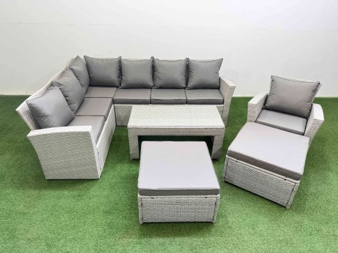 Fimous Rattan Garden Furniture Set Outdoor 9 Seater Corner Sofa Sets with Oblong Coffee Table Chair 2 Big Footstools Light Grey Mixed