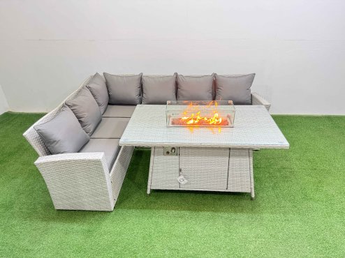 Fimous 6 Seat Rattan Garden Furniture Corner Sofa Set Outdoor Gas Fire Pit Table Sets Light Grey