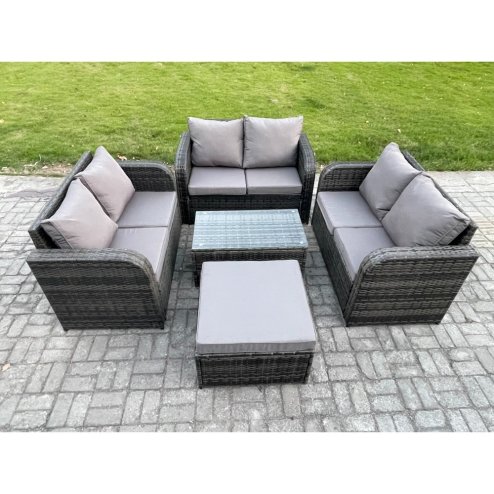 Fimous Outdoor Garden Furniture Sets 7 Seater Wicker Rattan Furniture Sofa Sets with Rectangular Coffee Table Love Sofa Big Footstool Dark Grey Mixed