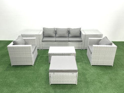 Fimous Rattan Garden Furniture Set with 3 Seater Sofa 2 Chair Rectangular Coffee Table Big Footstool 2 Side Tables Light Grey Mixed 6 Seater