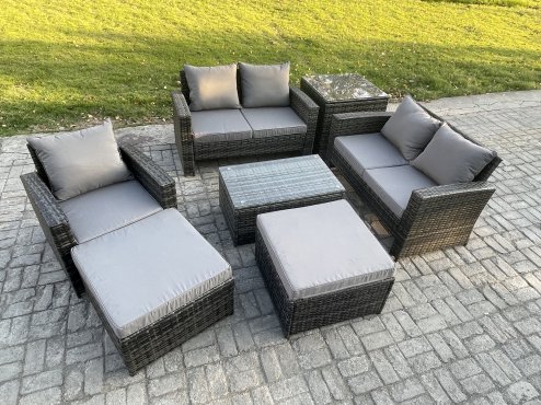 Fimous Rattan Garden Furniture Set 7 Seater Patio Outdoor Lounge Sofa Chair Set with Rectangular Coffee Table 2 Big Footstool Side Table Dark Grey Mixed