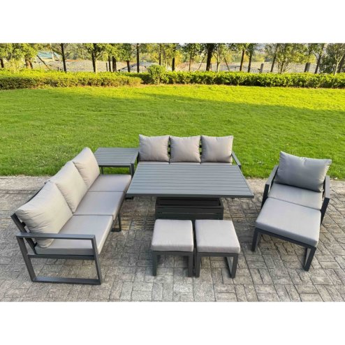 Fimous Garden Aluminium Furniture Set Dark Grey 10 Seater Outdoor Patio Adjustable Rising Lifting Dining Table with 3 Footstools Dark Grey