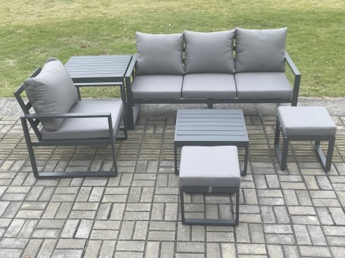 Fimous Aluminium Outdoor Garden Furniture Set Patio Lounge Sofa Chair Set with Square Coffee Table Side Table 2 Small Footstools Conservatory Set Dark Grey