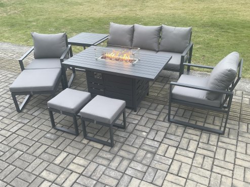 Fimous Aluminium Patio Outdoor Garden Furniture Lounge Sofa Set Gas Fire Pit Dining Table with Side Table 3 Footstools Dark Grey