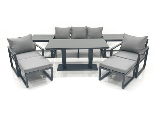 Fimous Outdoor Aluminium Garden Furniture Set with Adjustable Rising Lifting Dining Table 3 Seater Sofa 2 Chair 2 Big Footstools 2 Side Tables Dark Grey
