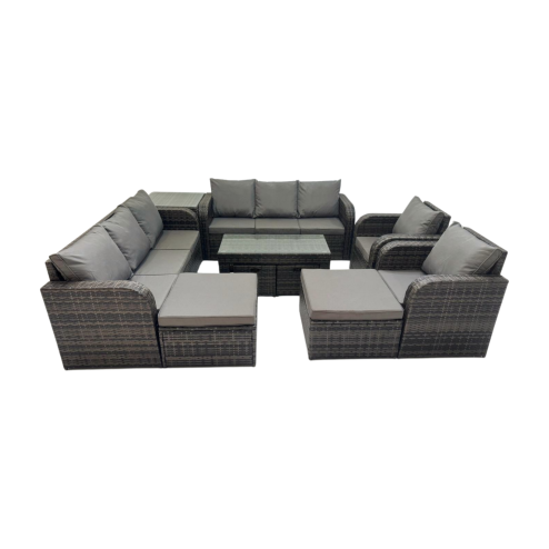Fimous Rattan Garden Outdoor Furniture Set 3 Seater Sofa Reclining Chair Coffee Table with 4 Footstools Side Table Dark Grey Mixed