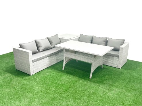 Fimous Rattan Garden Furniture Set 6 Seater Outdoor Sofa Set with Dining Table Side Table Light Grey Mixed