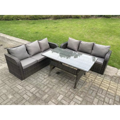 Fimous Dark Grey PE Wicker Rattan Garden Furniture Set Lounge Sofa 3 Seater Sofa Set Outdoor Rectangular Dining Table 6 Seater