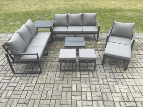 Fimous Aluminium Outdoor Lounge Sofa Set Garden Furniture Sets with Square Coffee Table Chair 3 Footstools Side Table Dark Grey