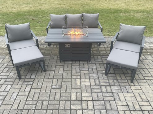 Fimous Aluminium Patio Outdoor Garden Furniture Lounge Sofa Set Gas Fire Pit Dining Table with 2 Big Footstools Dark Grey