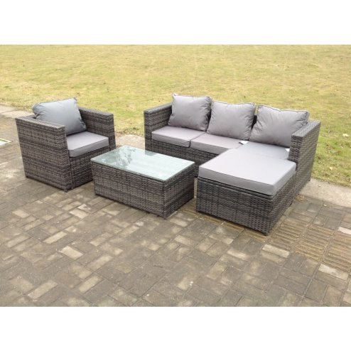 Fimous Lounge Rattan Sofa Set Outdoor Garden Furniture With Single Arm Chair And Rectangular Coffee Table With Big Footstool