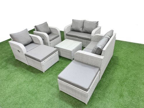 Fimous 8 Seater Outdoor Reclining Chair Love Sofa Set Rattan Garden Furniture Set with Square Coffee Table 2 Big FootStools Light Grey Image