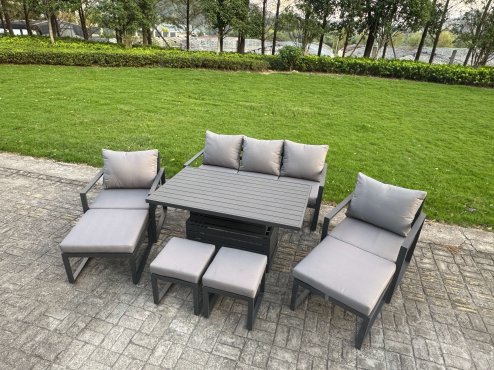 Fimous Aluminium Garden Furniture Sets 8 Seater Outdoor Sofa Set with Adjustable Rising Lifting Dining Table 2 Chairs 3 Footstools 2 Side Tables