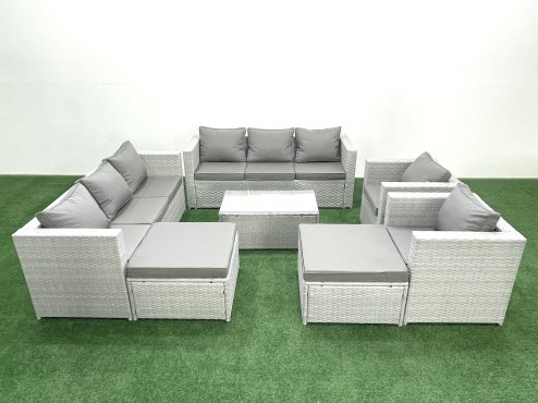 Fimous Outdoor Rattan Sofa Garden Furniture Set with 2 Armchairs Oblong Coffee Table 2 Big Footstools Light Grey Mixed