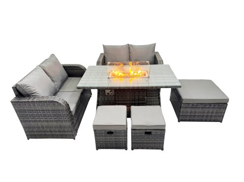 Fimous 7-seater Patio Gas Firpit Dining Table Sofa Sets Rattan Garden Furniture Dining Set with 3 Stools Dark Grey Mixed