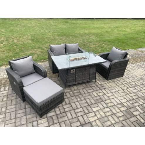 Fimous Rattan Outdoor Garden Furniture Set Gas Fire Pit Dining Table with Chair Love seat Sofa Footstool