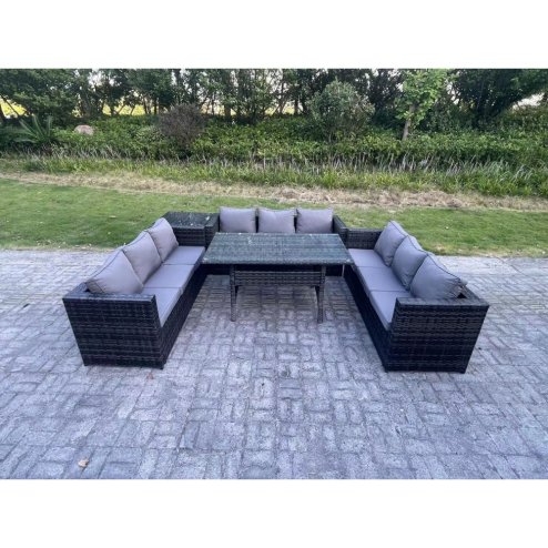 Fimous Outdoor Wicker Garden Furniture Rattan Lounge Sofa Set Patio Rectangular Dining Table with Side Table 9 Seater Dark Grey Mixed
