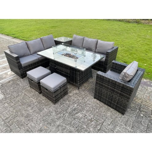 Fimous Outdoor Rattan Garden Corner Furniture Gas Fire Pit Table Sets Gas Heater Lounge Chair Small Footstool Dark Grey 9 Seater